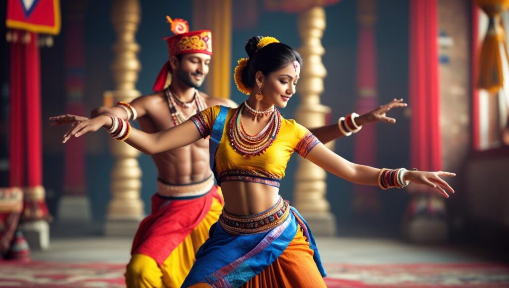 create a image of man and woman doing nepali traditional dance which can be used for background image