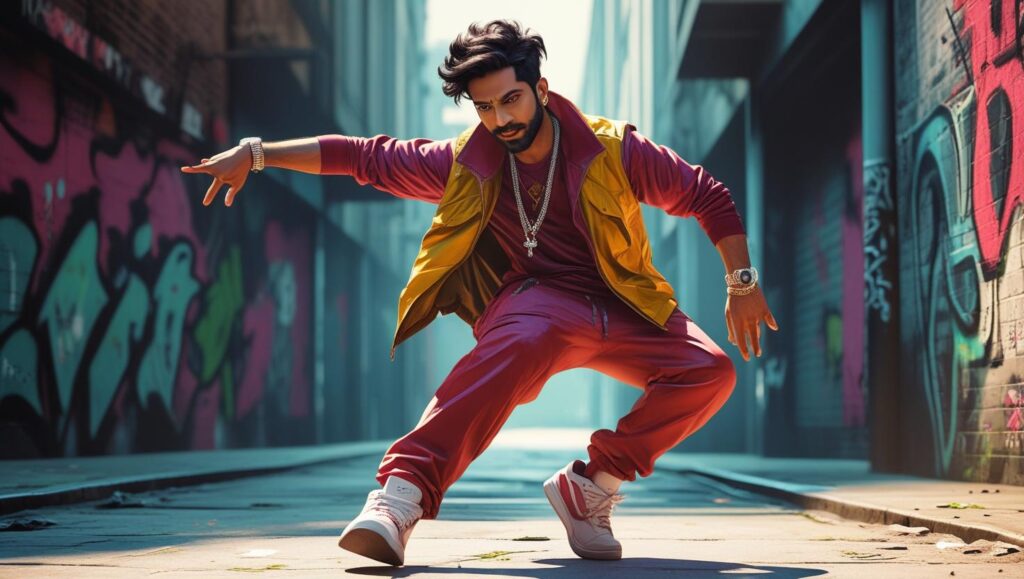 create me image of indian man in hiphop getup doing freestyle dance